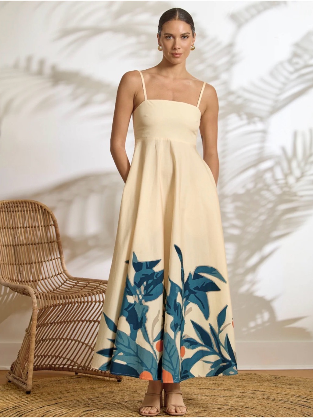 Nwt Diarrablu Cream Maxi Dress With Blue Botanical Hem